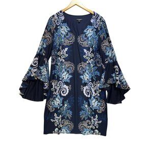 Roz & Ali Womens Evening Party Sheath Dress Size L Blue Floral Bell Sleeve Boho